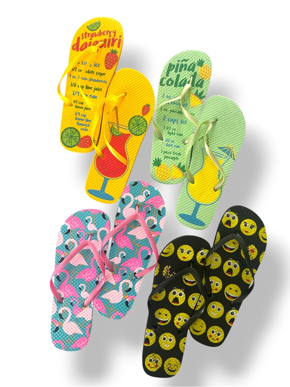 Colorful Novelty Flip Flop Bundle - Tropical, Flamingo & Emoji Prints